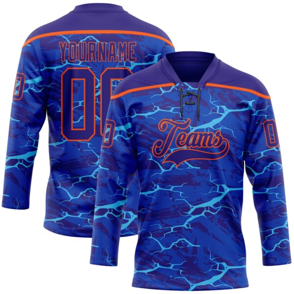 Custom Dark Purple Blue-Orange Lightning Hockey Lace Neck Jersey