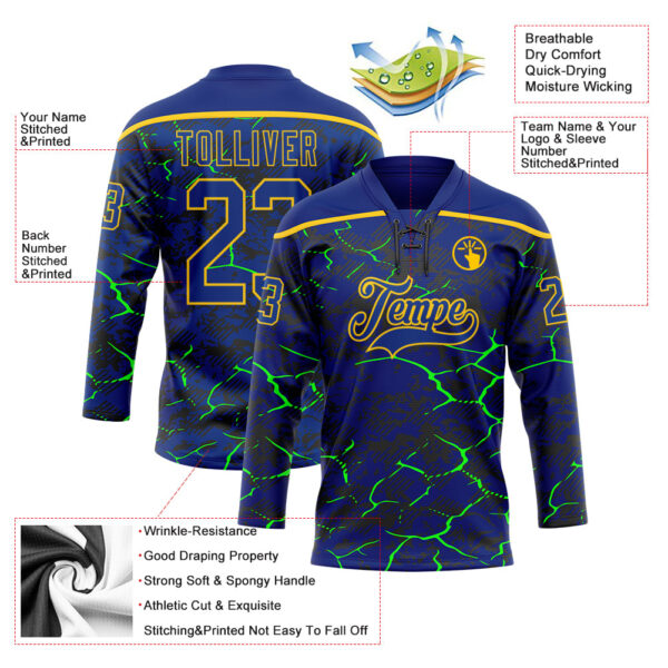 Custom Royal Green Black-Yellow Lightning Hockey Lace Neck Jersey