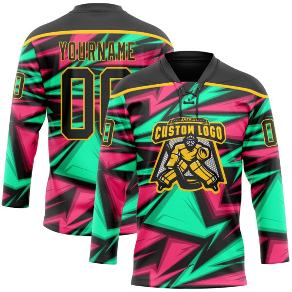Custom Black Green Pink-Yellow Lightning Hockey Lace Neck Jersey