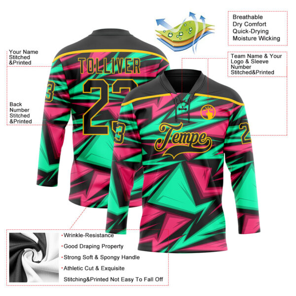 Custom Black Green Pink-Yellow Lightning Hockey Lace Neck Jersey