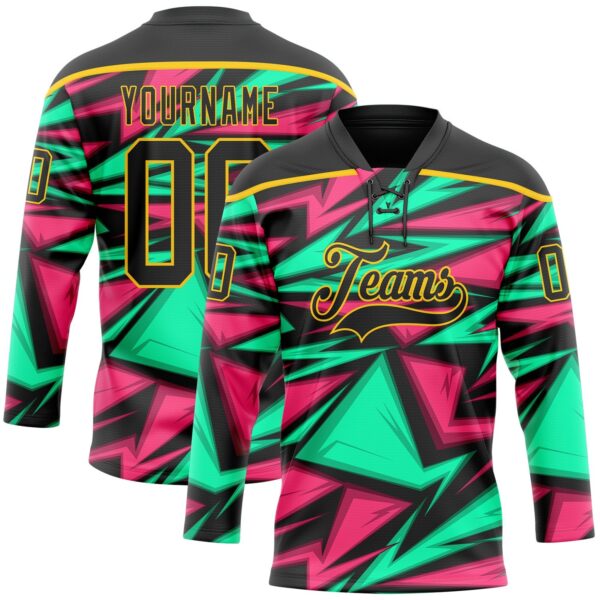 Custom Black Green Pink-Yellow Lightning Hockey Lace Neck Jersey
