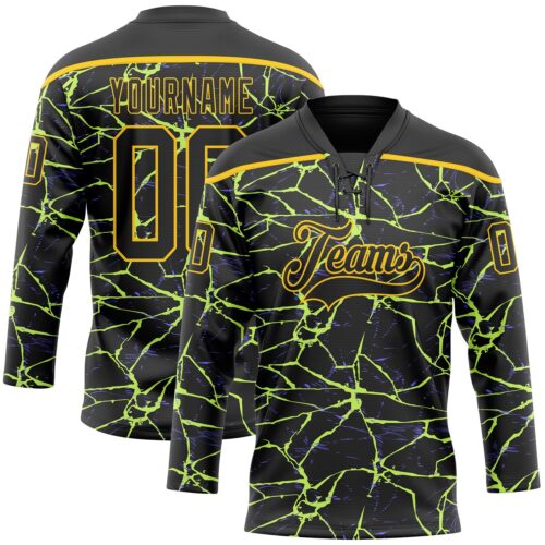 Custom Black Yellow-Purple Lightning Hockey Lace Neck Jersey