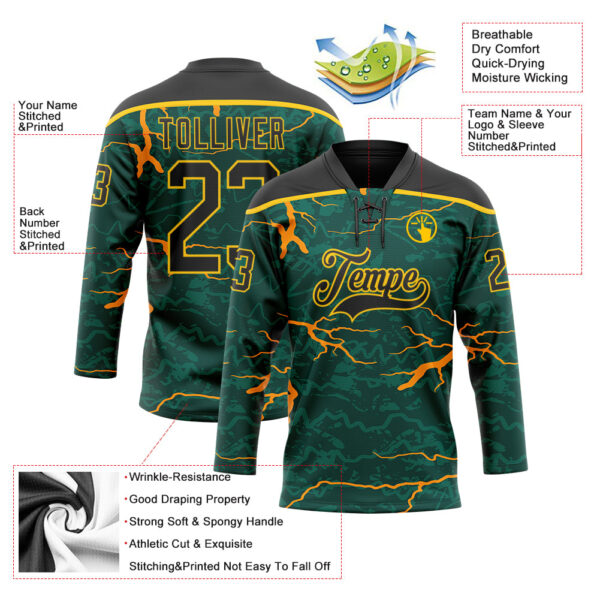 Custom Green Black Orange-Yellow Lightning Hockey Lace Neck Jersey