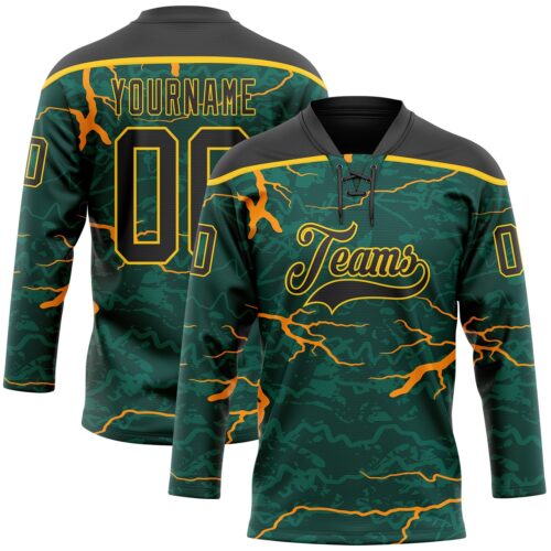 Custom Green Black Orange-Yellow Lightning Hockey Lace Neck Jersey