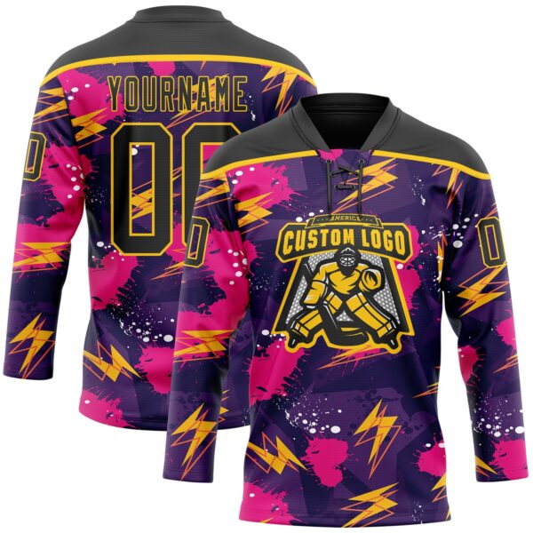 Custom Purple Black Pink-Yellow Lightning Hockey Lace Neck Jersey