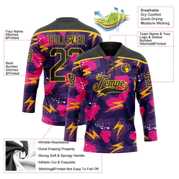 Custom Purple Black Pink-Yellow Lightning Hockey Lace Neck Jersey