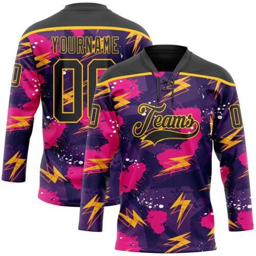 Custom Purple Black Pink-Yellow Lightning Hockey Lace Neck Jersey