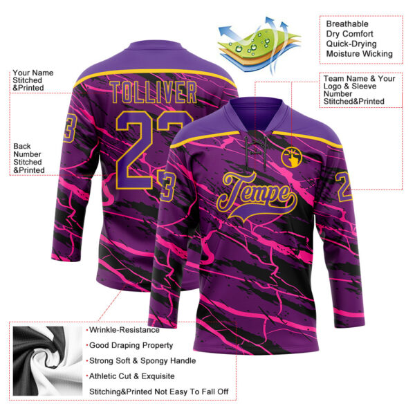 Custom Purple Black Pink-Yellow Lightning Hockey Lace Neck Jersey
