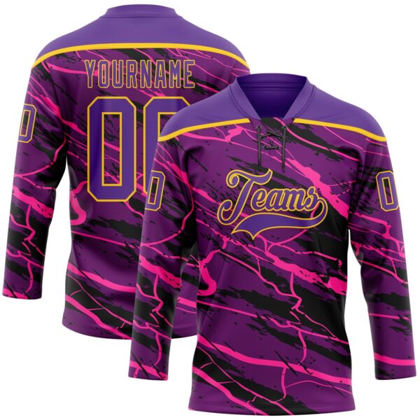 Custom Purple Black Pink-Yellow Lightning Hockey Lace Neck Jersey