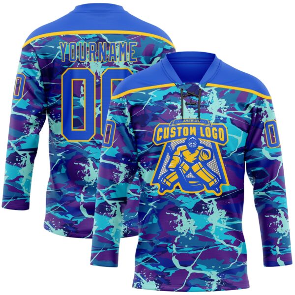 Custom Blue Thunder Blue-Yellow Lightning Hockey Lace Neck Jersey