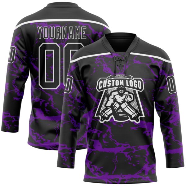 Custom Black Purple-White Lightning Hockey Lace Neck Jersey
