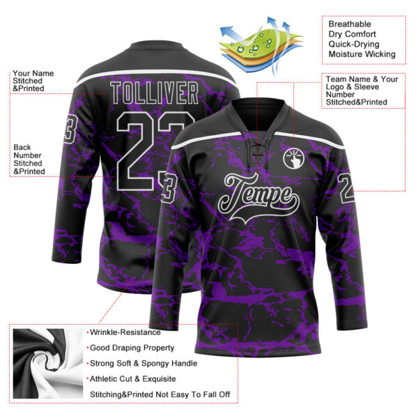 Custom Black Purple-White Lightning Hockey Lace Neck Jersey