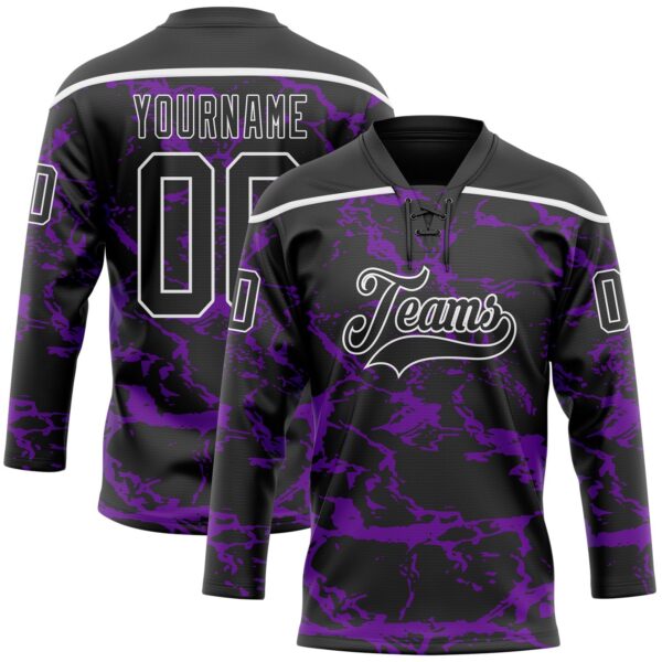 Custom Black Purple-White Lightning Hockey Lace Neck Jersey
