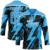 Custom Sky Blue Black-White Lightning Hockey Lace Neck Jersey