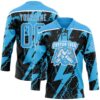Custom Sky Blue Black-White Lightning Hockey Lace Neck Jersey