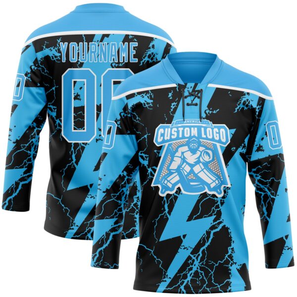 Custom Sky Blue Black-White Lightning Hockey Lace Neck Jersey