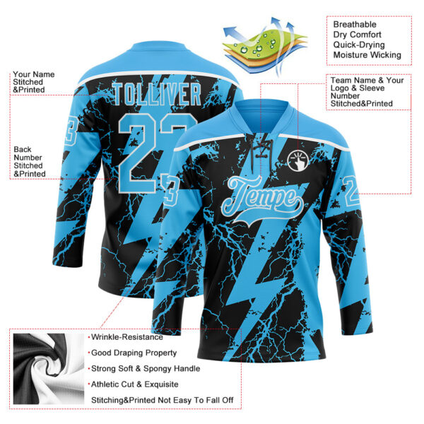 Custom Sky Blue Black-White Lightning Hockey Lace Neck Jersey