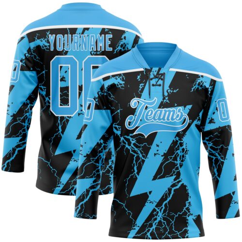Custom Sky Blue Black-White Lightning Hockey Lace Neck Jersey
