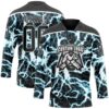Custom Black Blue-White Lightning Hockey Lace Neck Jersey