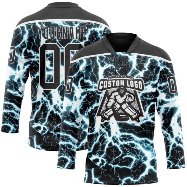 Custom Black Blue-White Lightning Hockey Lace Neck Jersey