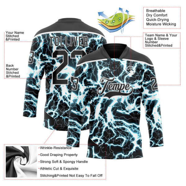 Custom Black Blue-White Lightning Hockey Lace Neck Jersey