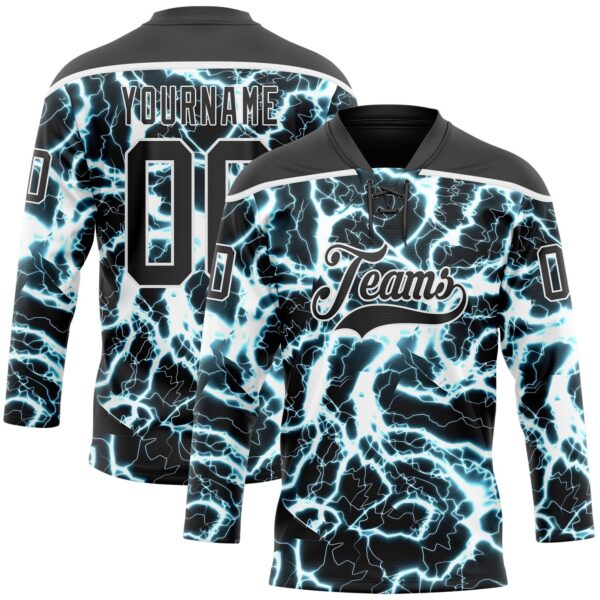 Custom Black Blue-White Lightning Hockey Lace Neck Jersey