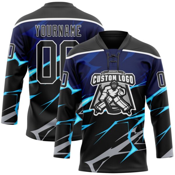 Custom Black Blue Gray-White Lightning Hockey Lace Neck Jersey