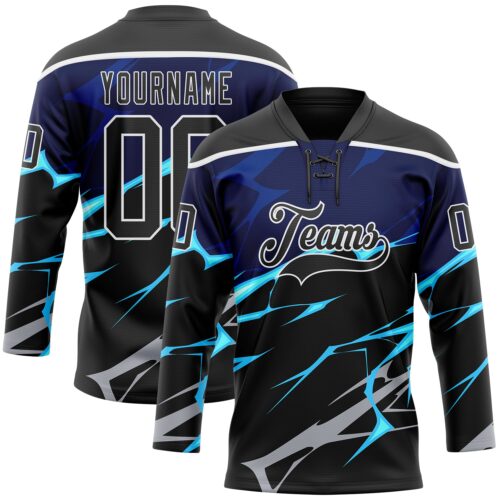 Custom Black Blue Gray-White Lightning Hockey Lace Neck Jersey