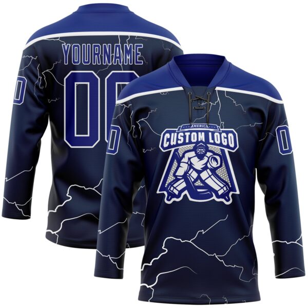 Custom Navy Royal-White Lightning Hockey Lace Neck Jersey