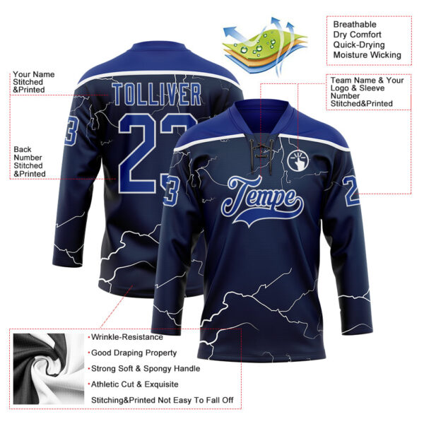 Custom Navy Royal-White Lightning Hockey Lace Neck Jersey