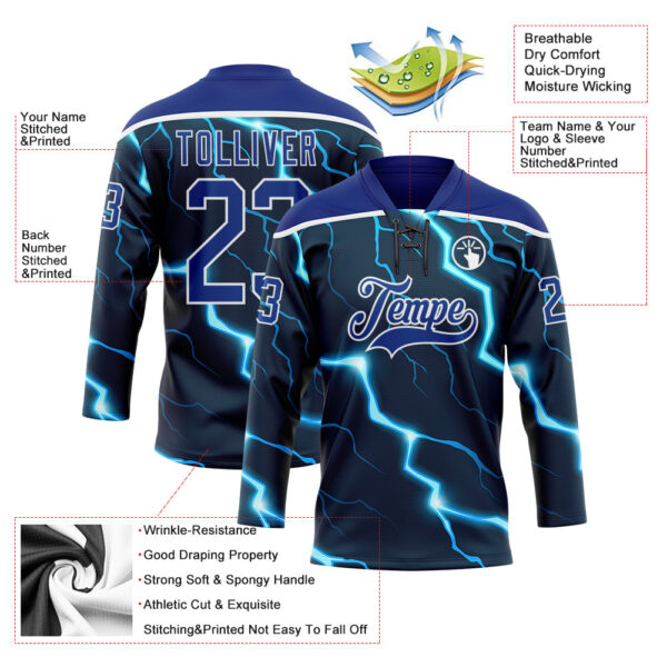 Custom Navy Royal Blue-White Lightning Hockey Lace Neck Jersey