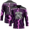 Custom Black Purple Pink-White Lightning Hockey Lace Neck Jersey