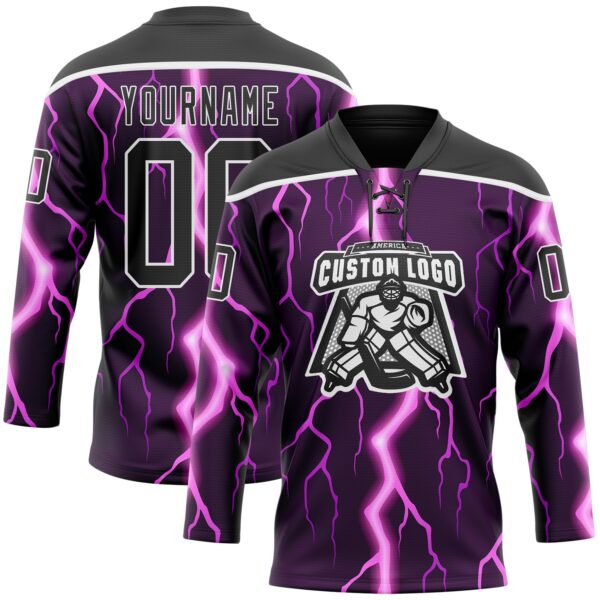 Custom Black Purple Pink-White Lightning Hockey Lace Neck Jersey