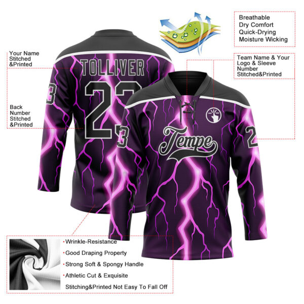Custom Black Purple Pink-White Lightning Hockey Lace Neck Jersey