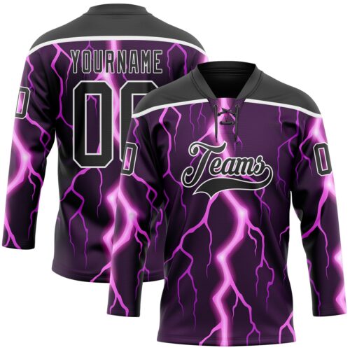 Custom Black Purple Pink-White Lightning Hockey Lace Neck Jersey
