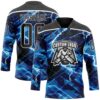 Custom Black Blue-White Lightning Hockey Lace Neck Jersey