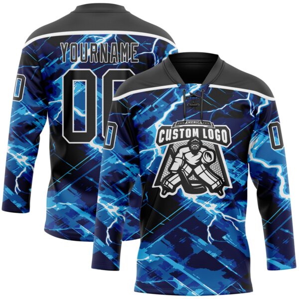 Custom Black Blue-White Lightning Hockey Lace Neck Jersey