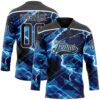 Custom Black Blue-White Lightning Hockey Lace Neck Jersey
