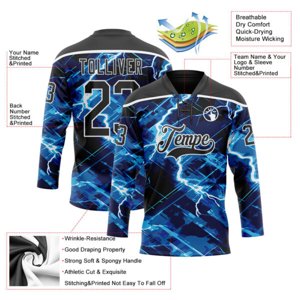 Custom Black Blue-White Lightning Hockey Lace Neck Jersey