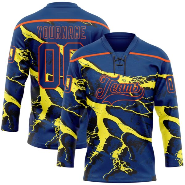 Custom US Navy Blue Yellow Black-Orange Lightning Hockey Lace Neck Jersey