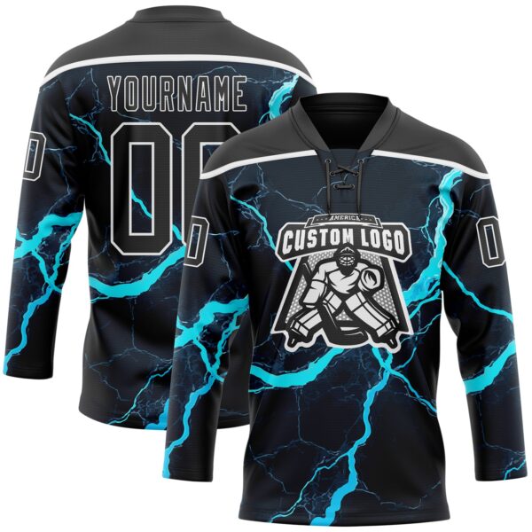 Custom Black Blue-White Lightning Hockey Lace Neck Jersey