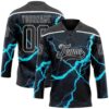 Custom Black Blue-White Lightning Hockey Lace Neck Jersey