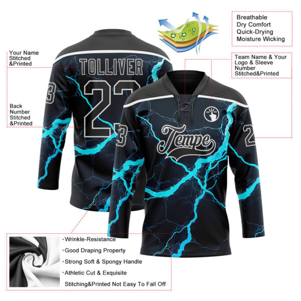 Custom Black Blue-White Lightning Hockey Lace Neck Jersey