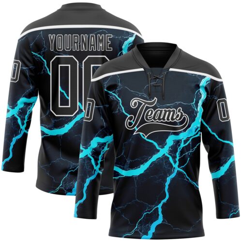Custom Black Blue-White Lightning Hockey Lace Neck Jersey