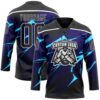 Custom Black Blue-White Lightning Hockey Lace Neck Jersey