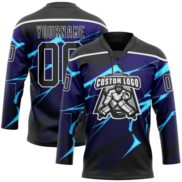 Custom Black Blue-White Lightning Hockey Lace Neck Jersey