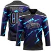 Custom Black Blue-White Lightning Hockey Lace Neck Jersey