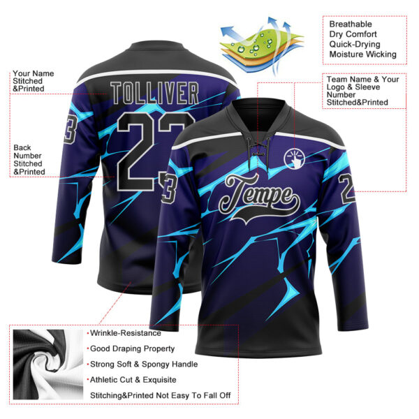 Custom Black Blue-White Lightning Hockey Lace Neck Jersey