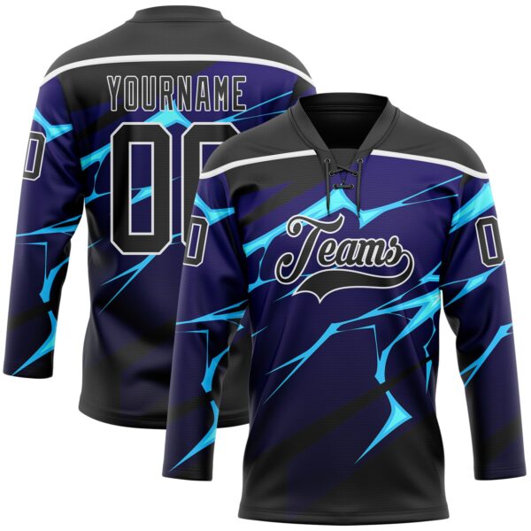 Custom Black Blue-White Lightning Hockey Lace Neck Jersey