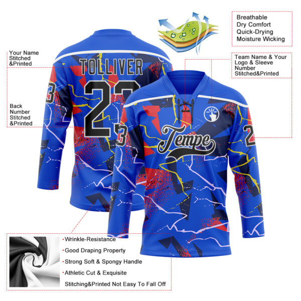 Custom Thunder Blue Black Red Yellow-White Lightning Hockey Lace Neck Jersey